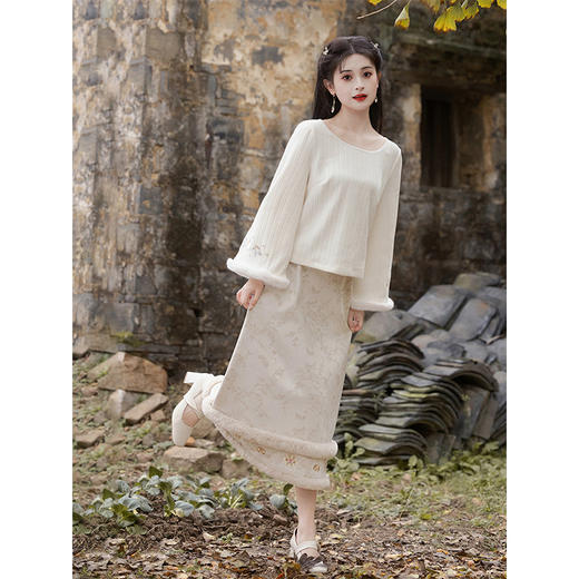 套装三色白梅刺绣短马甲，半裙温柔气质套装LSB罗浮梅LJX- 3344 商品图4