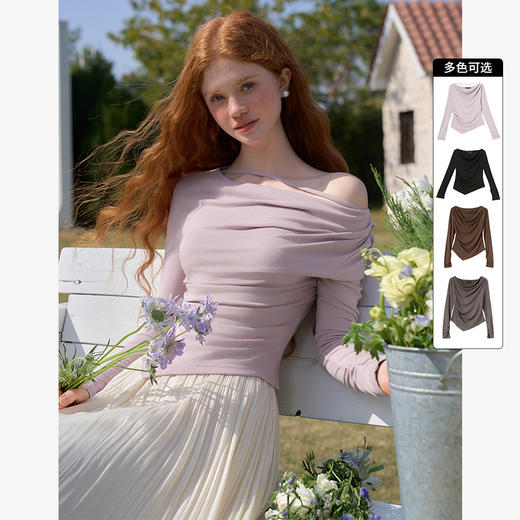 西遇长袖针织T恤女新款荡领收腰短款不规则下摆上衣D3542379 商品图0