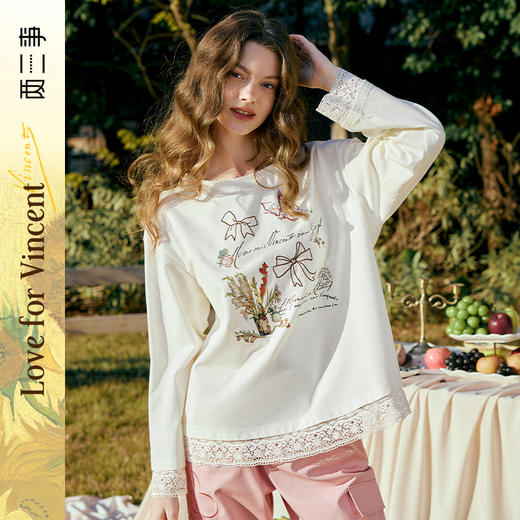 两三事梵高文艺画中游花2025春新款小清新蕾丝拼接印花刺绣t恤女 商品图0