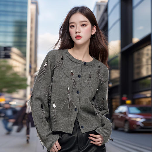 奢姿大码女装2024秋季减龄流苏设计针织开衫胖妹妹时尚简约上衣9843655384 商品图0