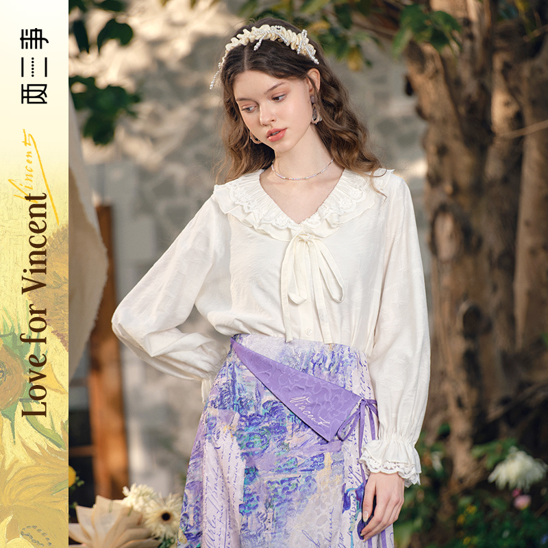 两三事梵高文艺春日序言2025春季新款蕾丝拼接荷叶边领绑带上衣女S25CLS342