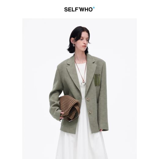 SELFWHO绿色西装外套女2025春新款撞色贴袋宽松休闲通勤西服上衣 商品图0
