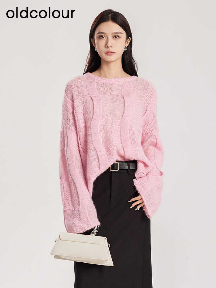 oldcolour春季新款粉色时尚气质宽松慵懒感套头针织衫女Q120505A1