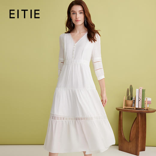 EITIE爱特爱气质V领法式收腰白色七分袖连衣裙2025春季新款A2507527 商品图0
