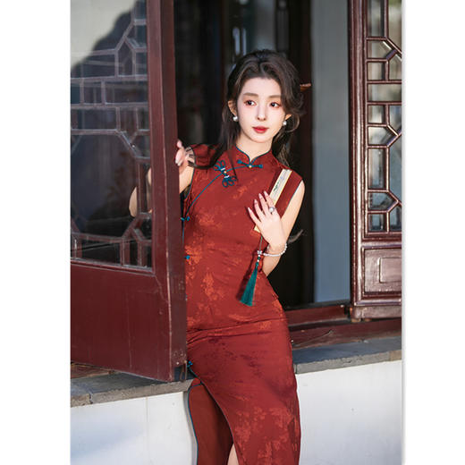 GX现代改良新中式新娘红装长款无袖提花旗袍2025春新款日常婚宴旗袍 商品图2