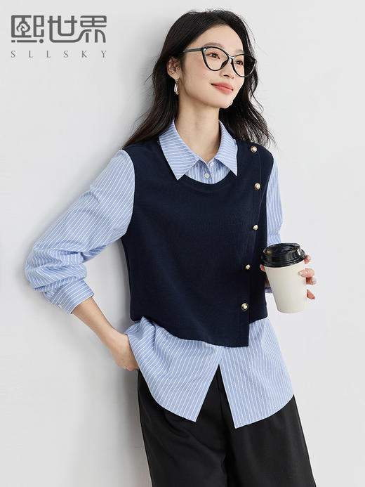 【1件75折】熙世界不规则条纹衬衫领假两件卫衣女设计感别致上衣2025春秋新款 商品图0