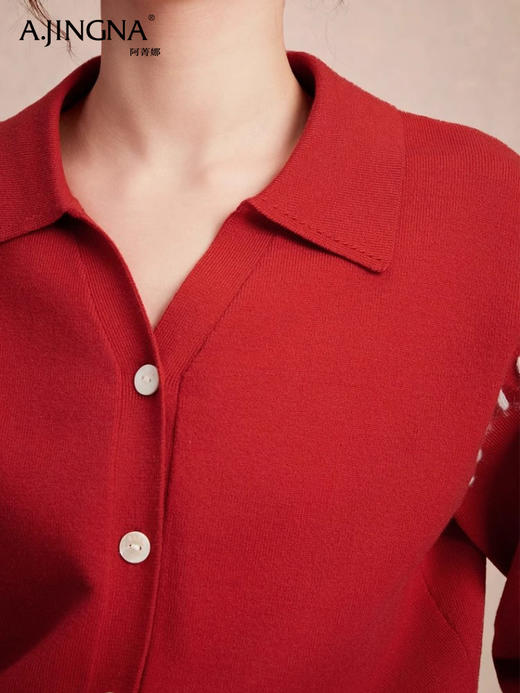 【新年战袍】阿菁娜法式设计感撞色翻领针织开衫F30C318002 商品图3