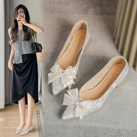 ZHR尖头蝴蝶结单鞋2023新款粗跟婚鞋中式百搭公主鞋一脚蹬女鞋子