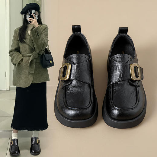 ZHR厚底乐福鞋女2025秋冬新款复古单鞋时尚英伦黑色小皮鞋一脚蹬 商品图0