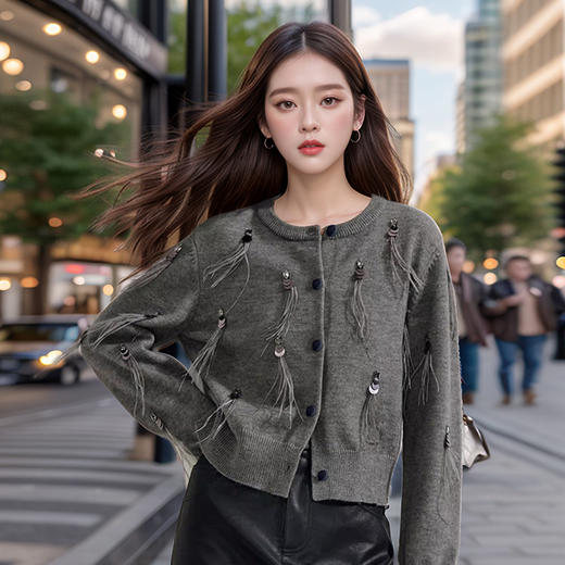 奢姿大码女装2024秋季减龄流苏设计针织开衫胖妹妹时尚简约上衣9843655384 商品图1