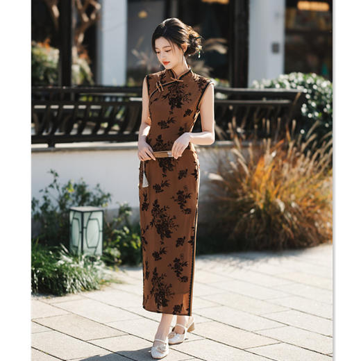 GX现代时尚改良新中式长款无袖旗袍2025春新款烂花绒双层旗袍 商品图0