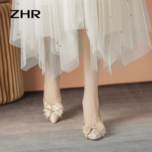ZHR尖头蝴蝶结单鞋2023新款粗跟婚鞋中式百搭公主鞋一脚蹬女鞋子 商品图4
