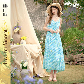 两三事梵高文艺浪漫复苏2025春季新款度假风格子印花吊带裙连衣裙