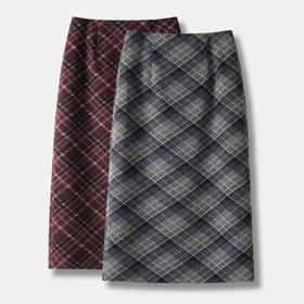 丁摩 安可拉红秋冬复古格纹毛呢半身裙开叉中长裙格子气质百搭5ZF-850