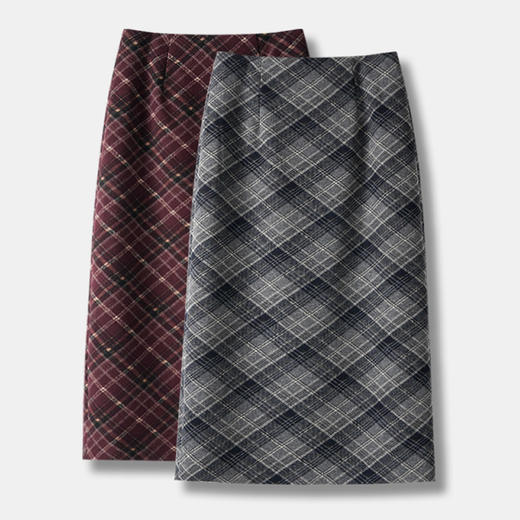 丁摩 安可拉红秋冬复古格纹毛呢半身裙开叉中长裙格子气质百搭5ZF-850 商品图0