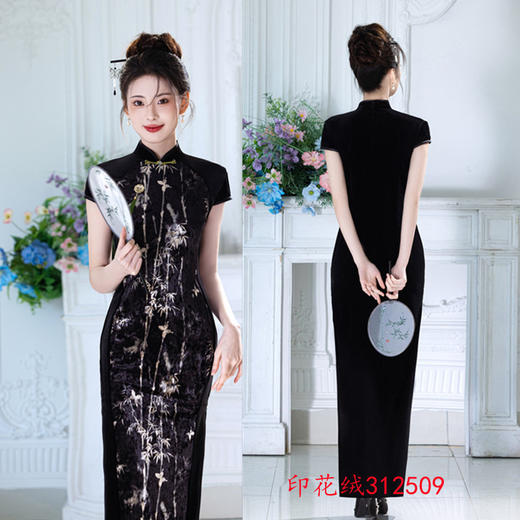 GX加长走秀款印花绒短袖旗袍2025春夏新款改良拼接新中式大码旗袍裙 商品图1