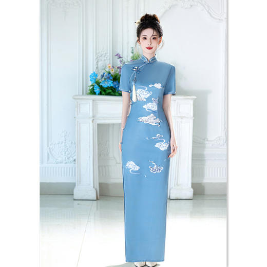 GX老上海复古中国风仿醋酸长款双层加长走秀旗袍2025春夏新款旗袍裙 商品图3