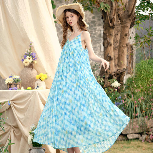 两三事梵高文艺浪漫复苏2025春季新款度假风格子印花吊带裙连衣裙 商品图2