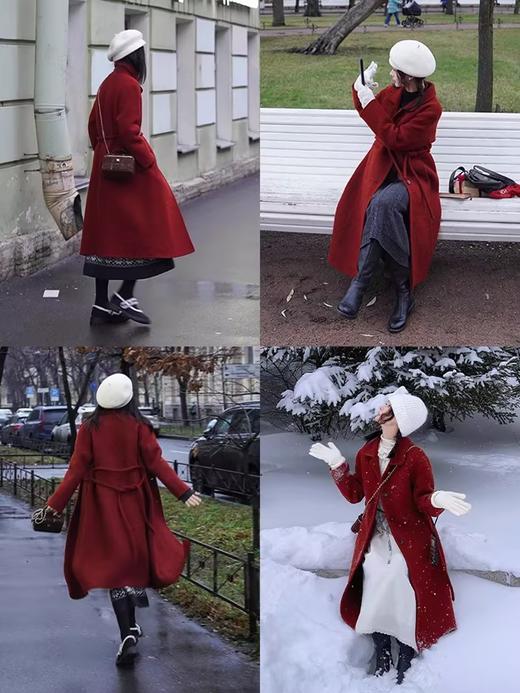 浮生八记/24C092/英伦复古羊毛荃手工双面呢滚边系带翻领大衣 商品图2