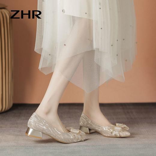 ZHR尖头蝴蝶结单鞋2023新款粗跟婚鞋中式百搭公主鞋一脚蹬女鞋子 商品图5