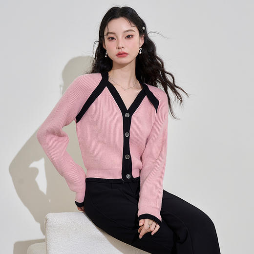 西遇假两件针织衫女新款V领甜美恋爱系粉色短毛衣上衣D1721475 商品图2