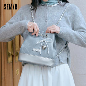 森马包包双肩包女2025新款时髦拼色仿牛仔水桶包蝴蝶结链条包流行