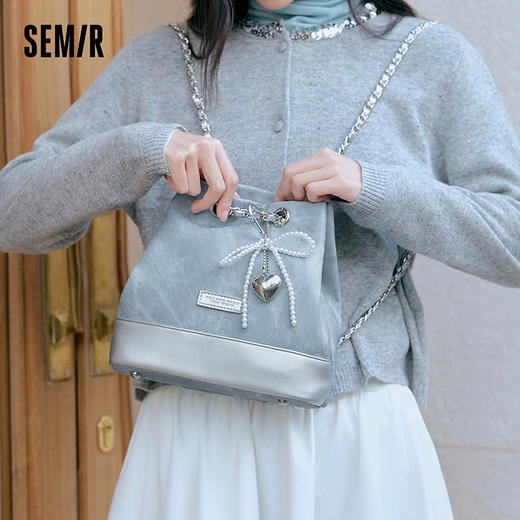 森马包包双肩包女2025新款时髦拼色仿牛仔水桶包蝴蝶结链条包流行 商品图0