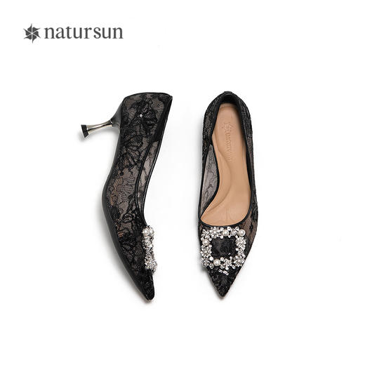 natursun高跟鞋女细跟水钻扣蕾丝尖头婚鞋优雅单鞋N25124227 商品图3