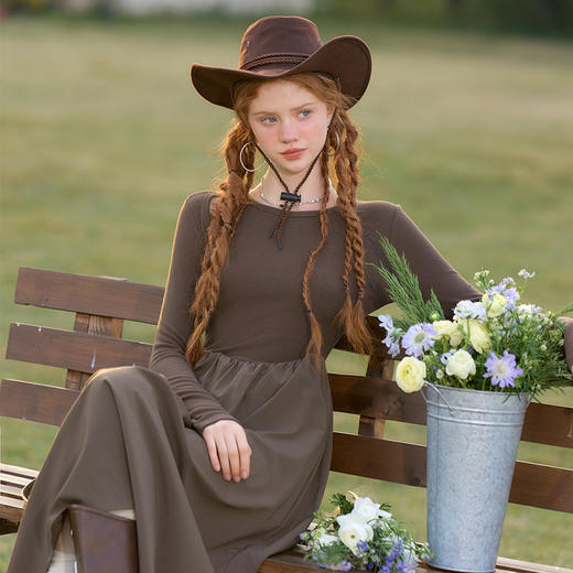 西遇长袖针织连衣裙女新款高级感垂坠长款咖色裙子D0032617 商品图2