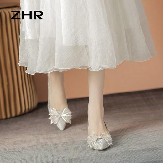 ZHR尖头蝴蝶结单鞋2023新款粗跟婚鞋中式百搭公主鞋一脚蹬女鞋子 商品图8