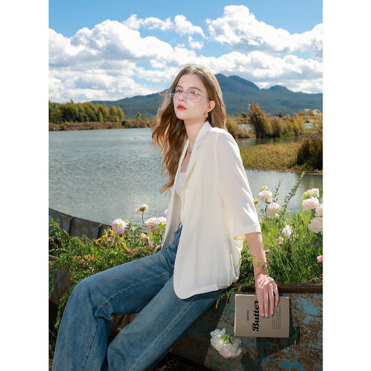 三彩2025春季新款宽松凉感小西装七分袖西服外套通勤气质M 商品图2