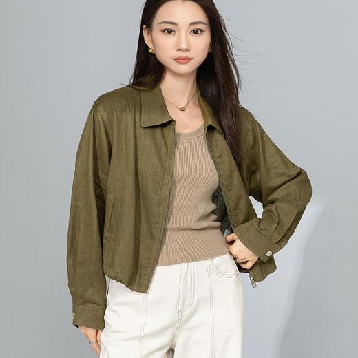 【高货xg】全新升级【铂金会员247/天猫329/差价82】(12957) 洛诗琳春季橄榄绿亚麻简约老钱风百搭纯色夹克立领外套女 商品图2