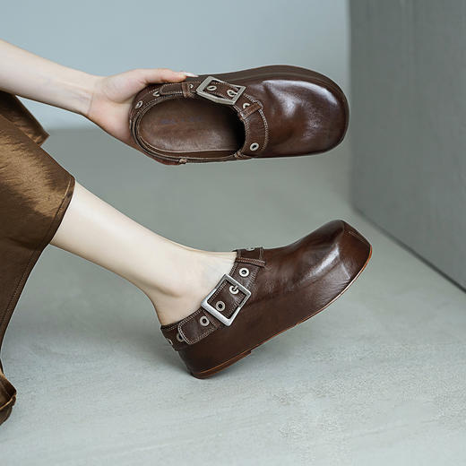 【阿么古纹马皮鞋】时尚高颜值厚底松糕鞋皮带扣复古勃肯鞋女5.5CM 商品图3