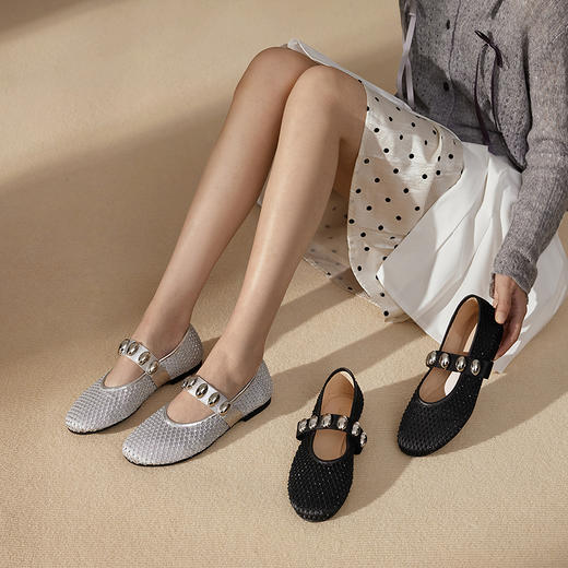 千百度网格平底玛丽珍鞋女款小香风晚晚鞋休闲单鞋A25162211 商品图1