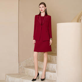 IWY/复古红色西装内搭裙宴会礼服西装连衣裙女职业套装气质长袖两件套 C1877+Q1036