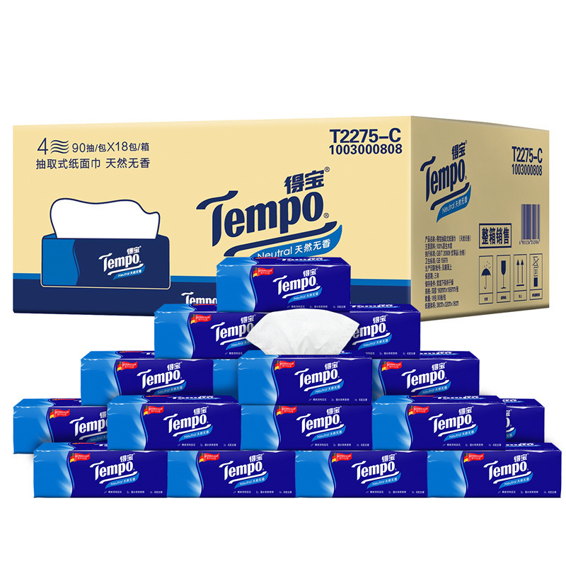 Tempo得宝丨整箱无香软抽面巾纸4层90抽*18包