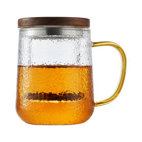雅集玻璃杯锤纹茶屿悠觉杯450ml（琥珀把木盖款）