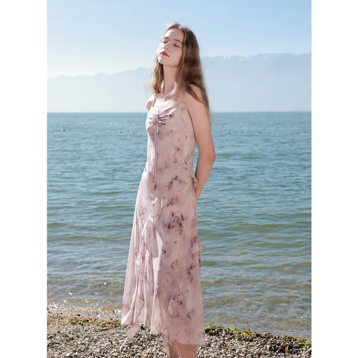 三彩2025春季新款浪漫碎花雪纺裙荷叶边连衣裙吊带裙无袖长裙M 商品图1