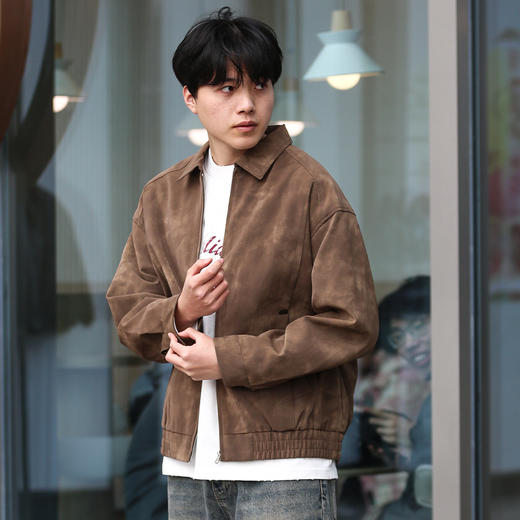 DRONKOO 2025 翻领拉链款斜插袋金属装饰标半松紧下摆中厚皮衣 商品图3