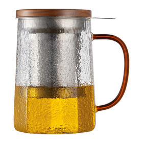 雅集玻璃杯锤纹筑茗杯550ml（琥珀把/木盖钛茶隔款）