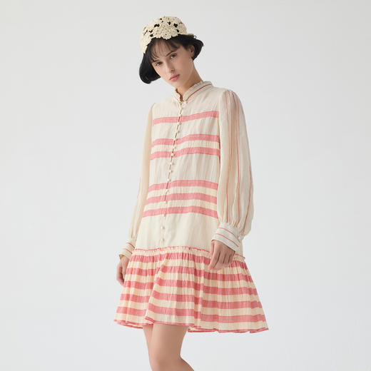 谜底红色条纹连衣裙长袖2025春新品宫廷风泡泡袖A型短裙251ML0126 商品图0