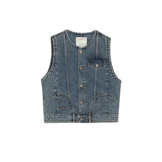 谜底牛仔马甲女士2025春季新品复古风圆领宽松短款马夹251MM0078 商品图4