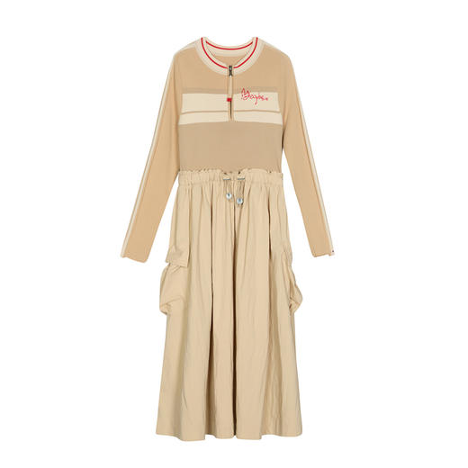 谜底针织拼接连衣裙长袖2025春季新品运动感大摆裙长裙251MZ0399 商品图4