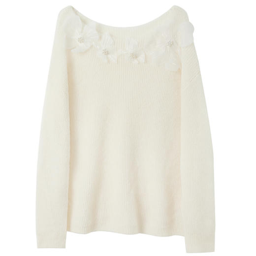 三彩2025春季新款立体花朵绵羊毛针织衫两穿一字领毛衫宽松优雅M 商品图4