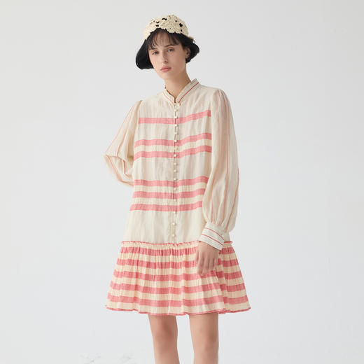 谜底红色条纹连衣裙长袖2025春新品宫廷风泡泡袖A型短裙251ML0126 商品图1