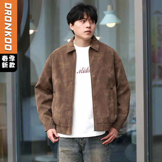 DRONKOO 2025 翻领拉链款斜插袋金属装饰标半松紧下摆中厚皮衣 商品图0