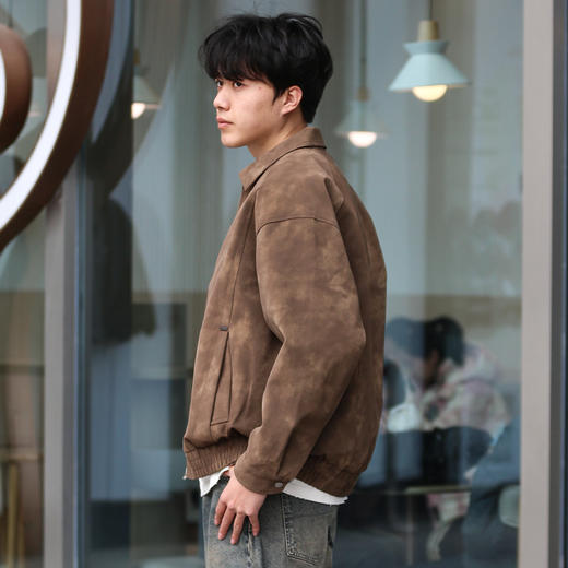 DRONKOO 2025 翻领拉链款斜插袋金属装饰标半松紧下摆中厚皮衣 商品图2