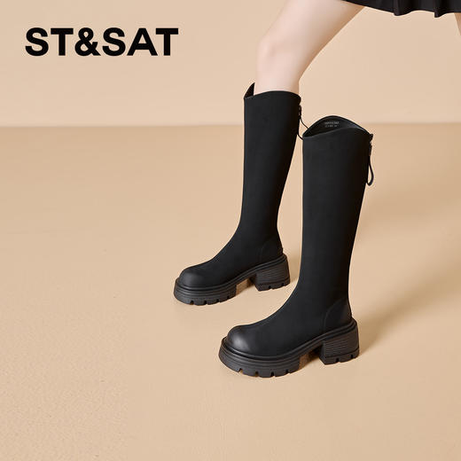 星期六简约百搭V口美腿粗跟长靴SSC3117625 商品图1
