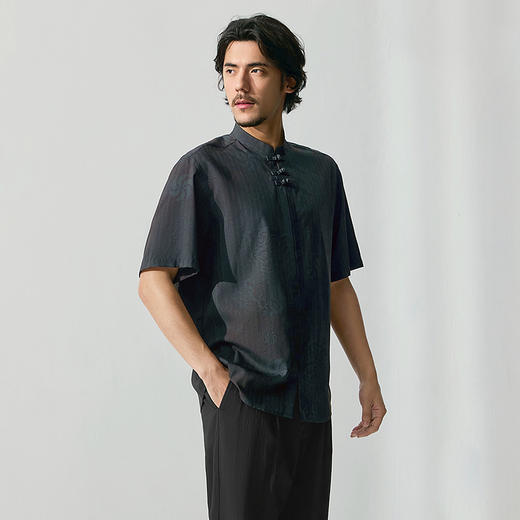 【特价】【中华立领】柒牌半开襟衬衫男士夏季新品满印中国风盘扣唐装衬衣128A71780 商品图1