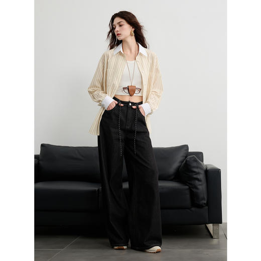 三彩2025春季新款多巴胺撞色条纹衬衫宽松中长开衫翻领长袖S 商品图2